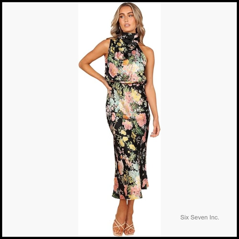 Halter Neck Midi Dress With Asymmetric High Round Neckline